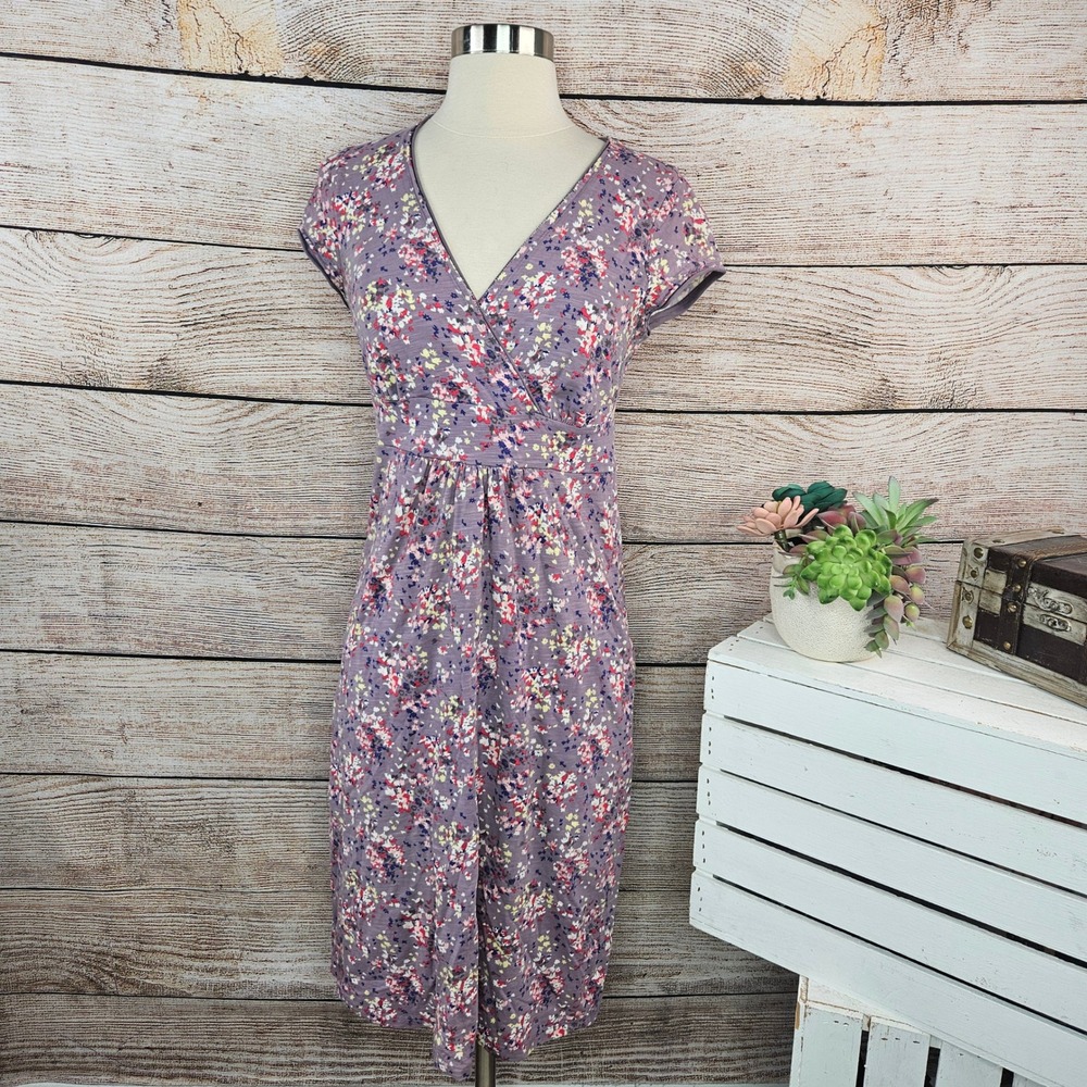 Boden US 2P Purple Floral Print Short Sleeve V-Neck Knee Length‎ Dress